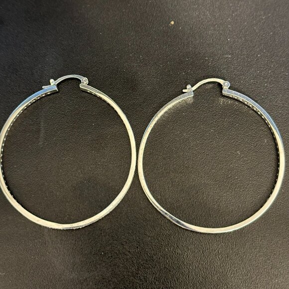 Silver CZ Diamond Round Hoop Earrings - Picture 2 of 8